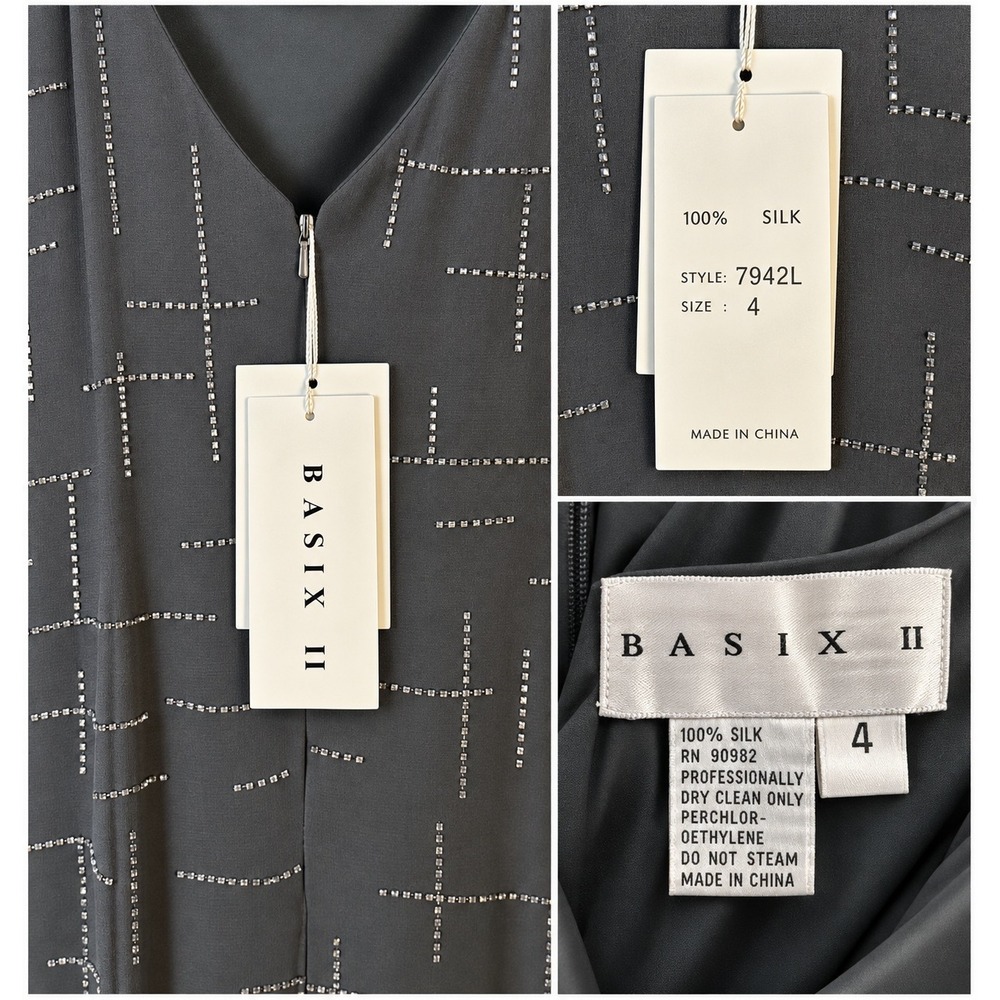 NWT Basix II Formal 100% Silk Grey Rhinestone Embellished Maxi Dress ($595) 4 - Picture 4 of 5